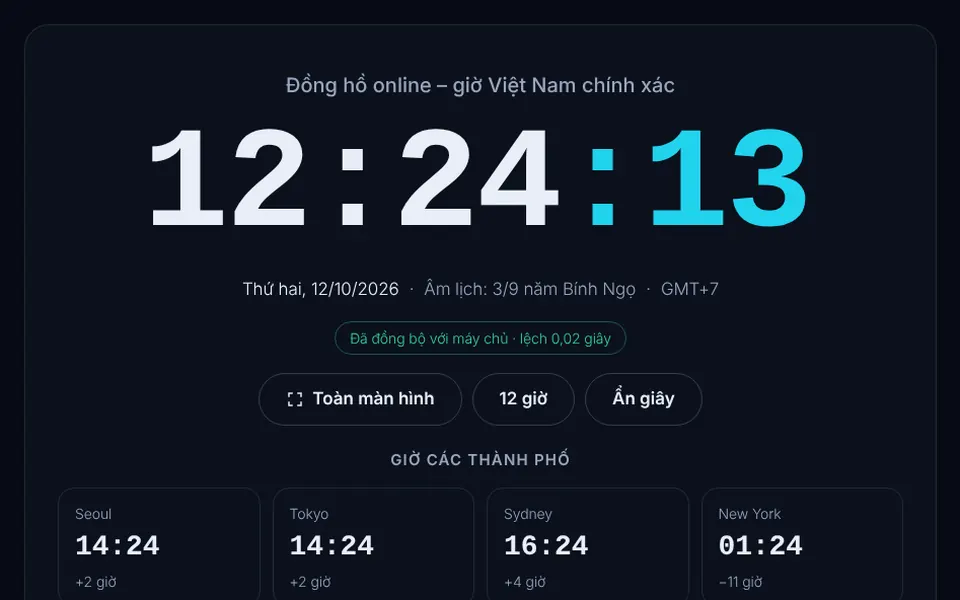 Đồng hồ online hiển thị giờ Việt Nam, ngày âm lịch và trạng thái đồng bộ