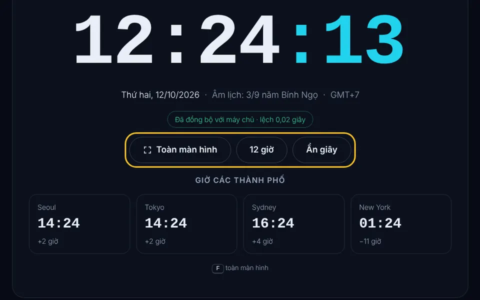 Các nút đổi định dạng 12/24 giờ và ẩn hiện giây