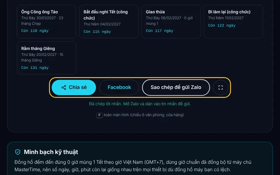 Các nút Chia sẻ, Facebook và Sao chép để gửi Zalo